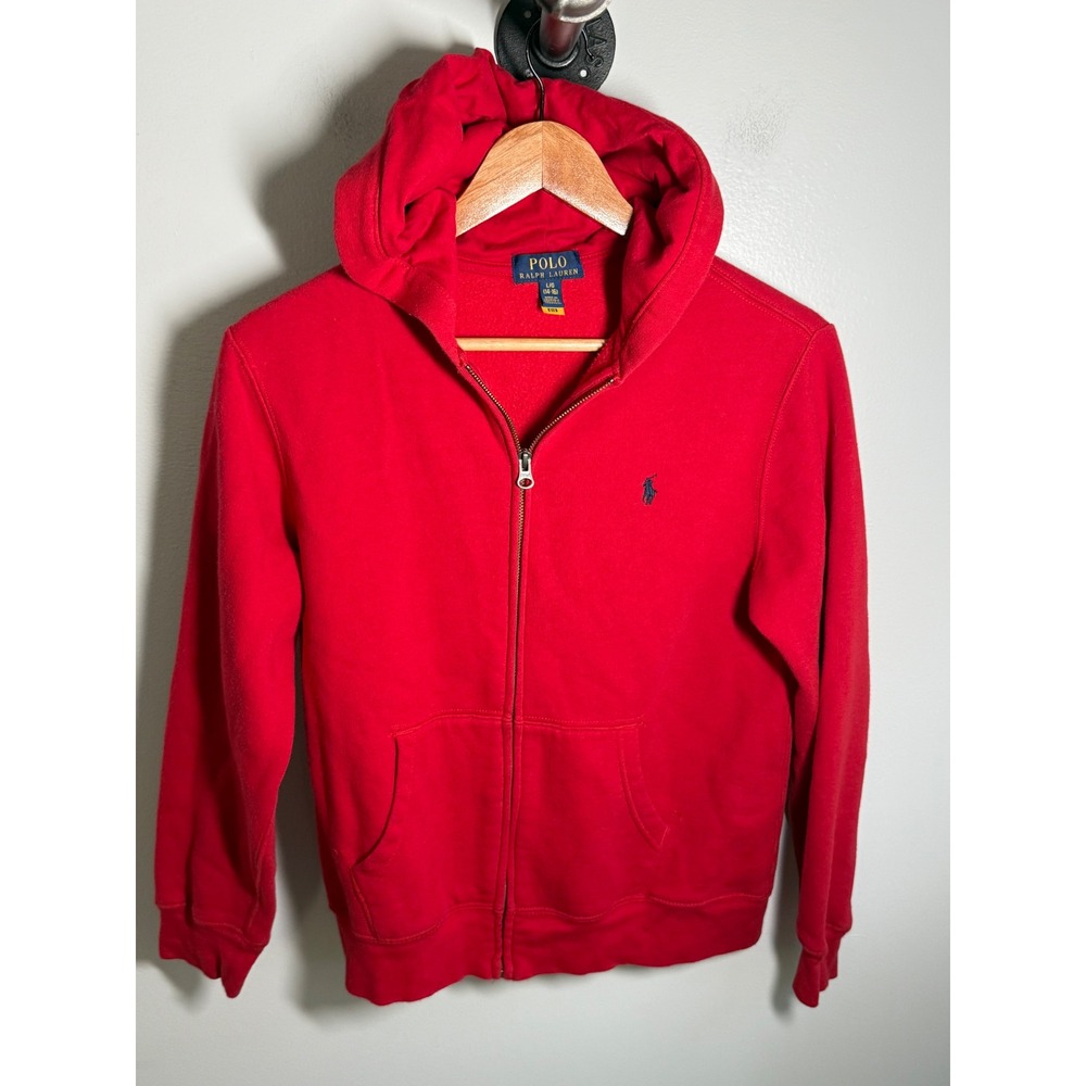 Polo Ralph Lauren Boys Red Full Zip Hoodie Sweatshirt Size Large 14-16 Navy Pony